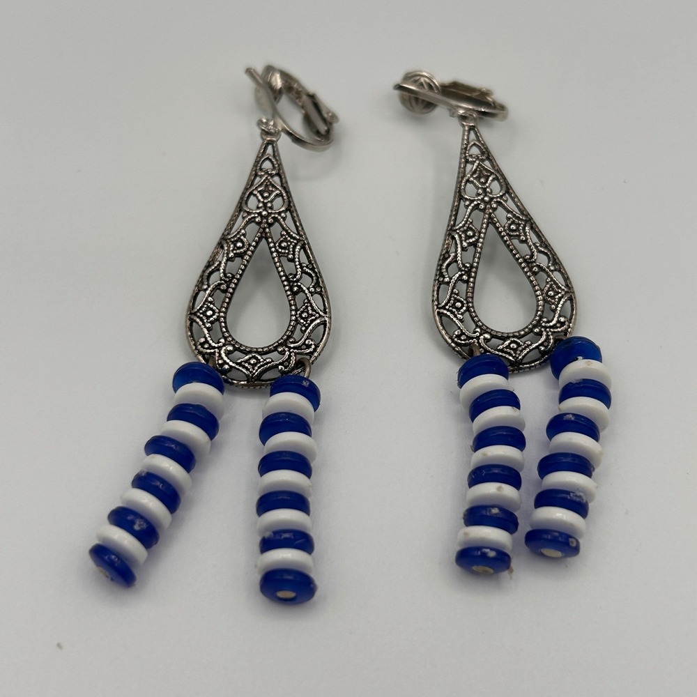 Vintage Silver Tone Filigree Teardrop Clip On Earrings Blue White Disc Beads 3"